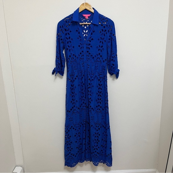 Lilly Pulitzer Borealis Blue Amrita Midi Eyelet Shirtdress Sundress Size 0 - Picture 3 of 7